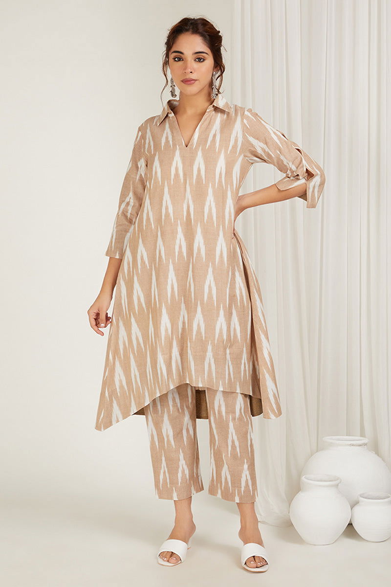 Beige Ikat High-Low Kurta Set - Cyan India Beige Ikat High-Low Kurta Set - Cyan India