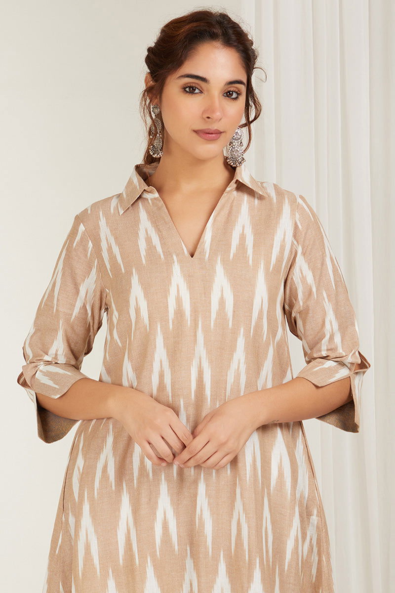 Beige Ikat High-Low Kurta Set - Cyan India Beige Ikat High-Low Kurta Set - Cyan India