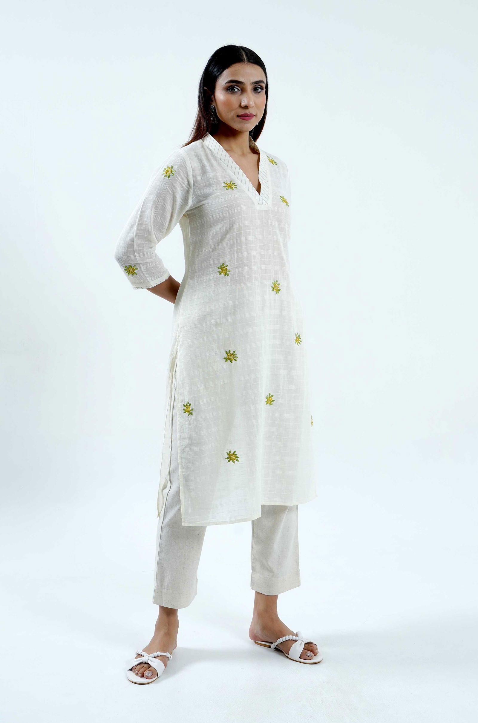 Blooming Roses Embroidered Kurta - Cyan India Blooming Roses Embroidered Kurta - Cyan India