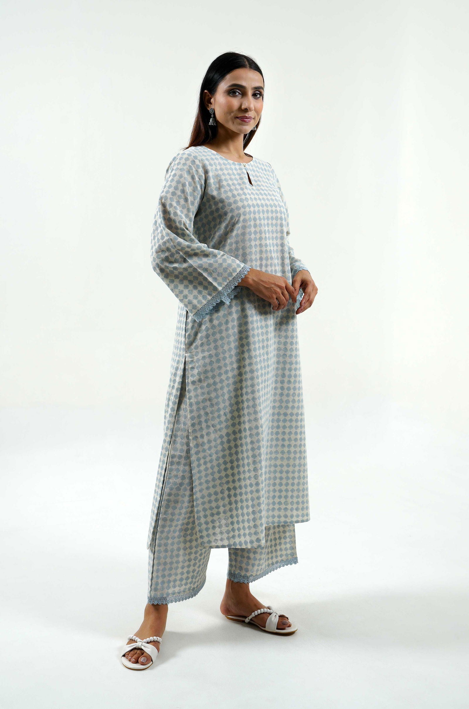 Blue Hand Block Print Kurta - Cyan India Blue Hand Block Print Kurta - Cyan India