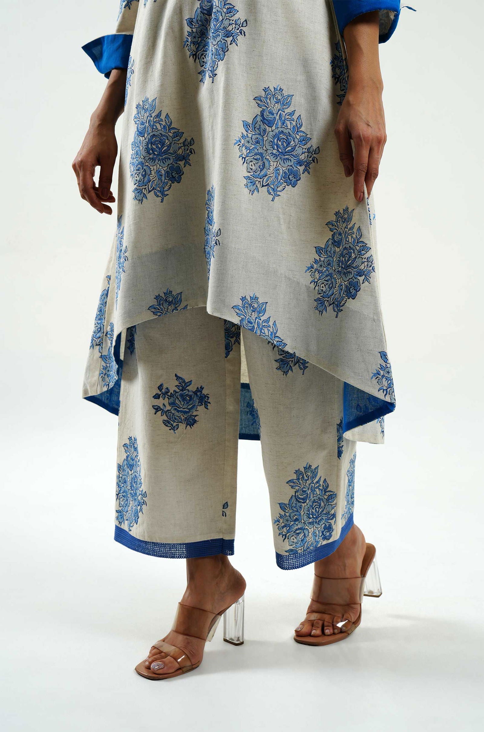 Blue Roses Block Print Pants - Cyan India Blue Roses Block Print Pants - Cyan India