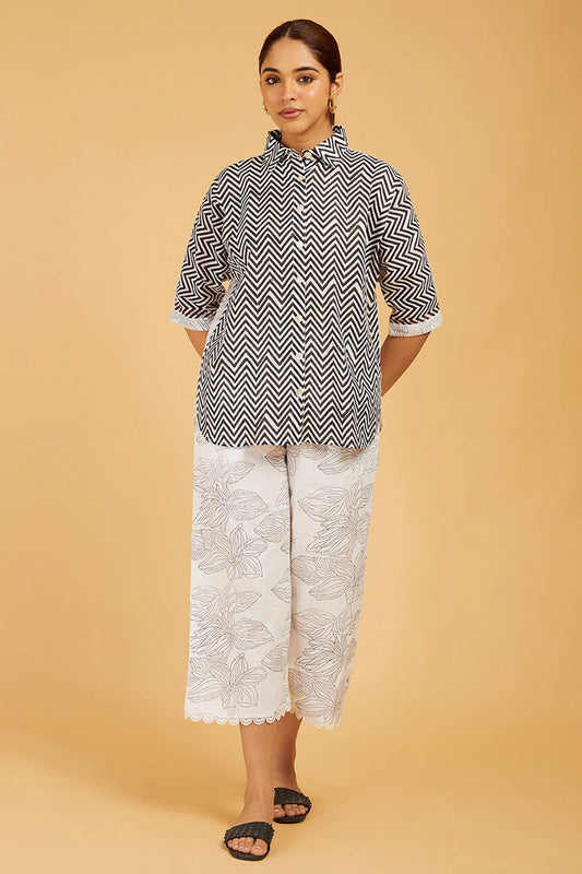 Chevron Block Print Shirt with Floral Back - Cyan India