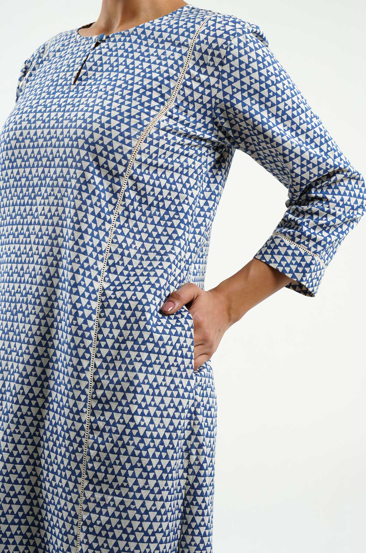 Geo Hand Block Print Kurta - Cyan India Geo Hand Block Print Kurta - Cyan India