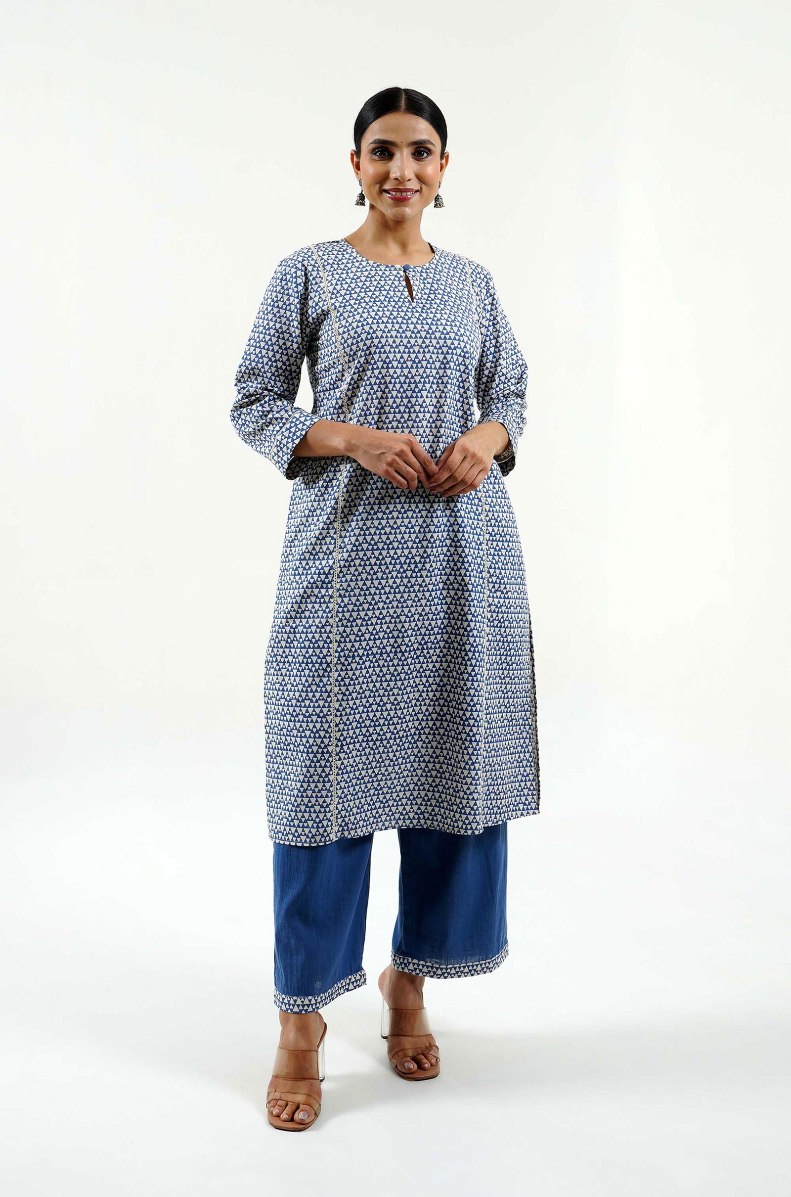 Geo Hand Block Print Kurta - Cyan India Geo Hand Block Print Kurta - Cyan India