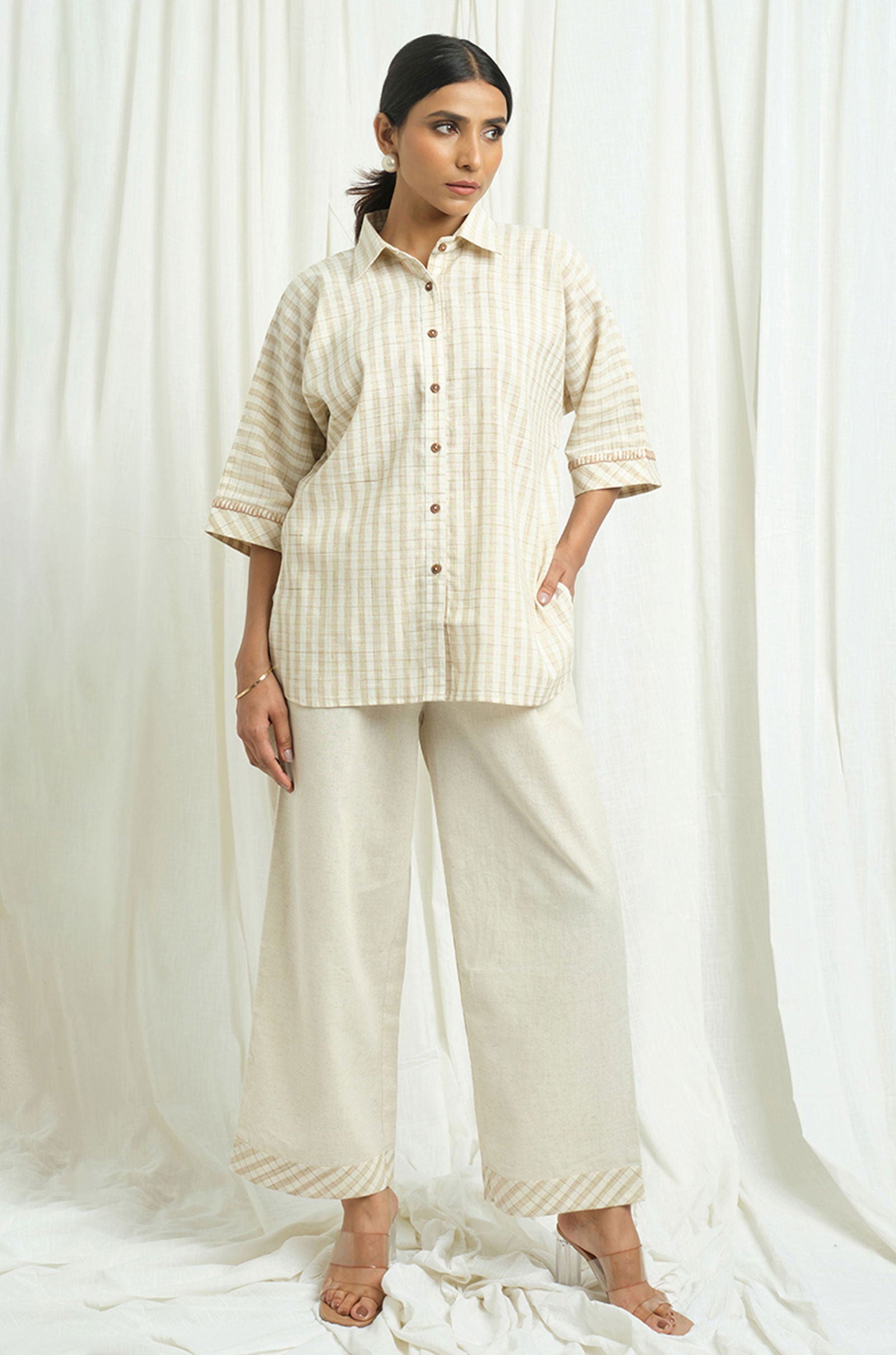 Handloom Checkered Shirt with Embroidery - Cyan India Handloom Checkered Shirt with Embroidery - Cyan India
