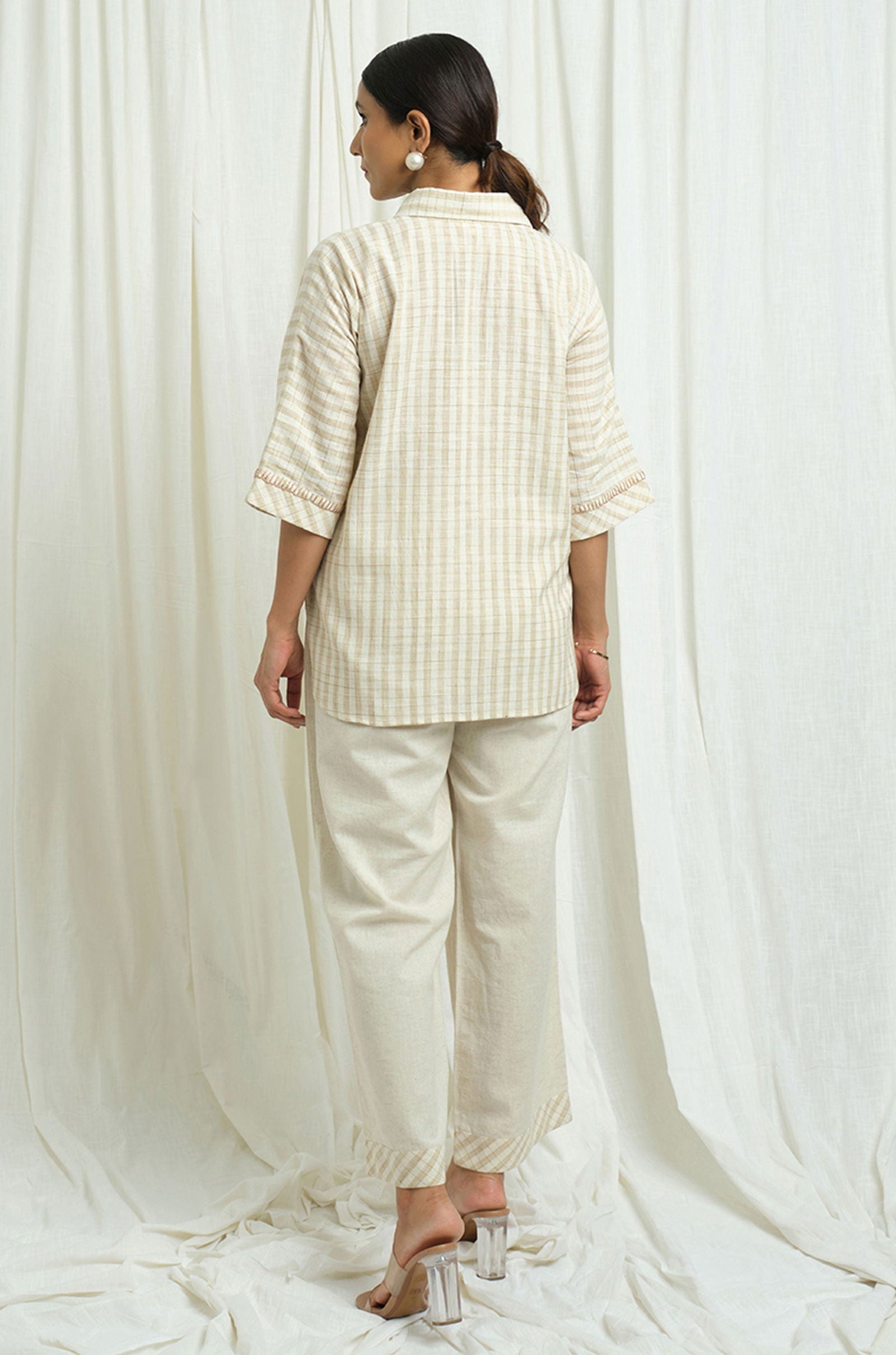 Handloom Checkered Shirt with Embroidery - Cyan India Handloom Checkered Shirt with Embroidery - Cyan India