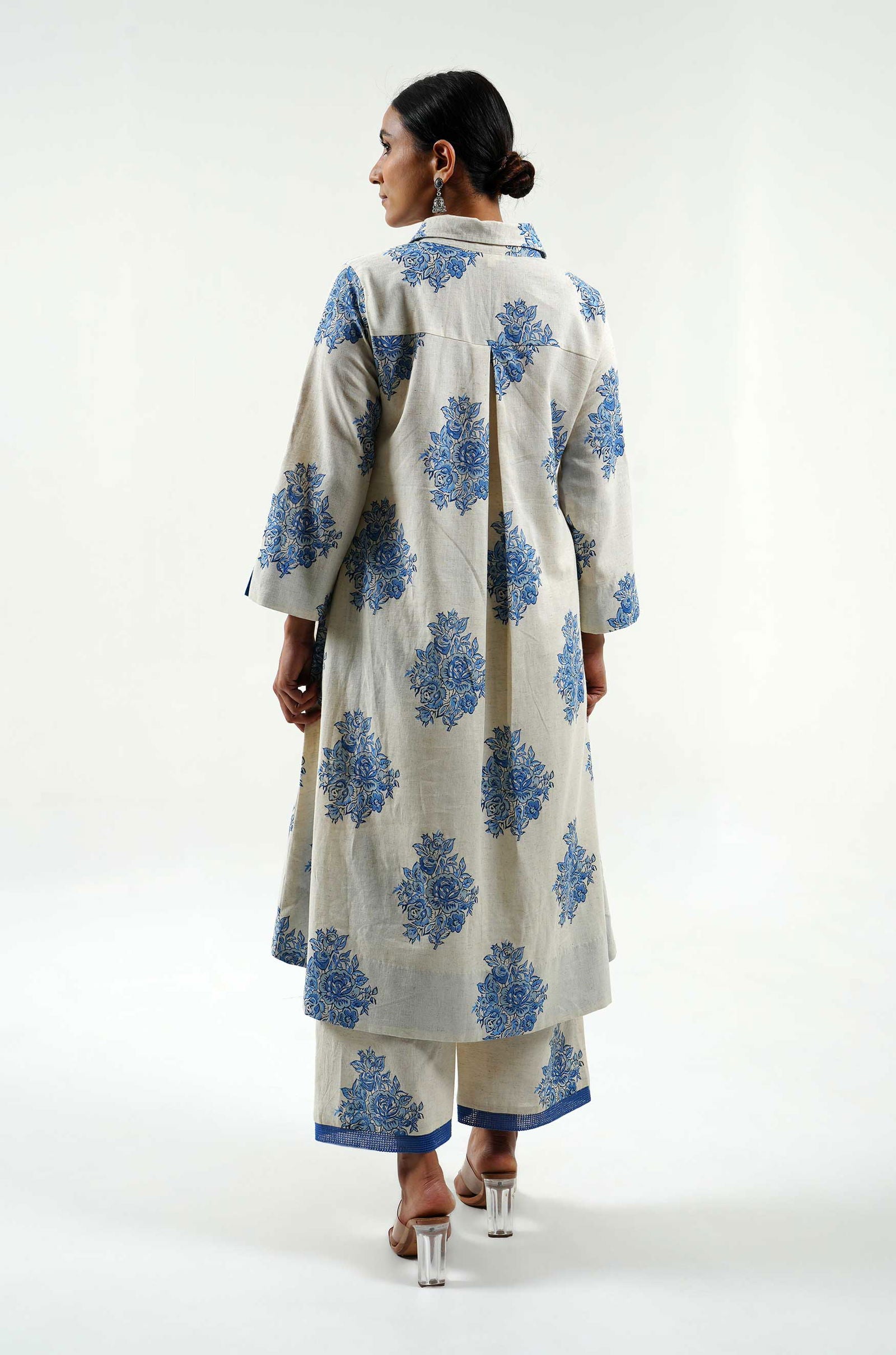 Indigo Rose Hand Block Printed Kurta - Cyan India Indigo Rose Hand Block Printed Kurta - Cyan India