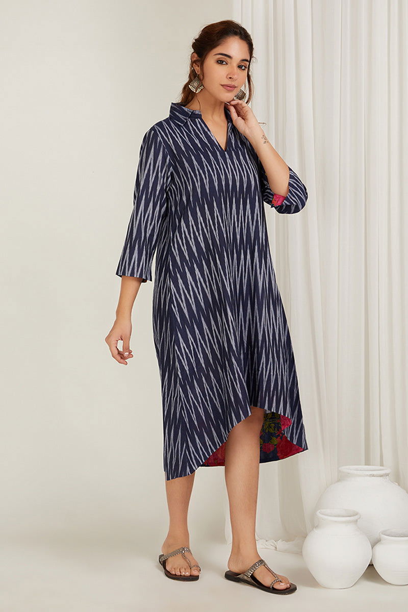 Navy Blue Ikat High-Low Dress - Cyan India Navy Blue Ikat High-Low Dress - Cyan India