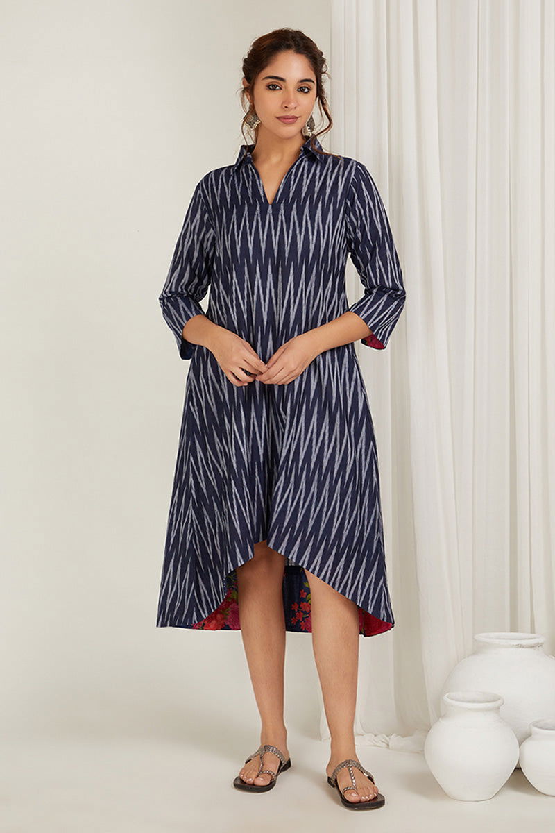 Navy Blue Ikat High-Low Dress - Cyan India Navy Blue Ikat High-Low Dress - Cyan India
