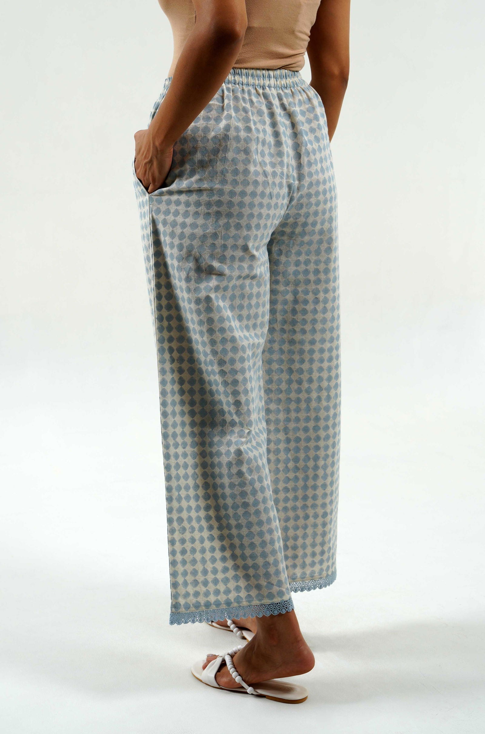 Powder Blue Block Print Pants - Cyan India Powder Blue Block Print Pants - Cyan India