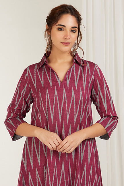 Rani Ikat High-Low Kurta Set - Cyan India Rani Ikat High-Low Kurta Set - Cyan India