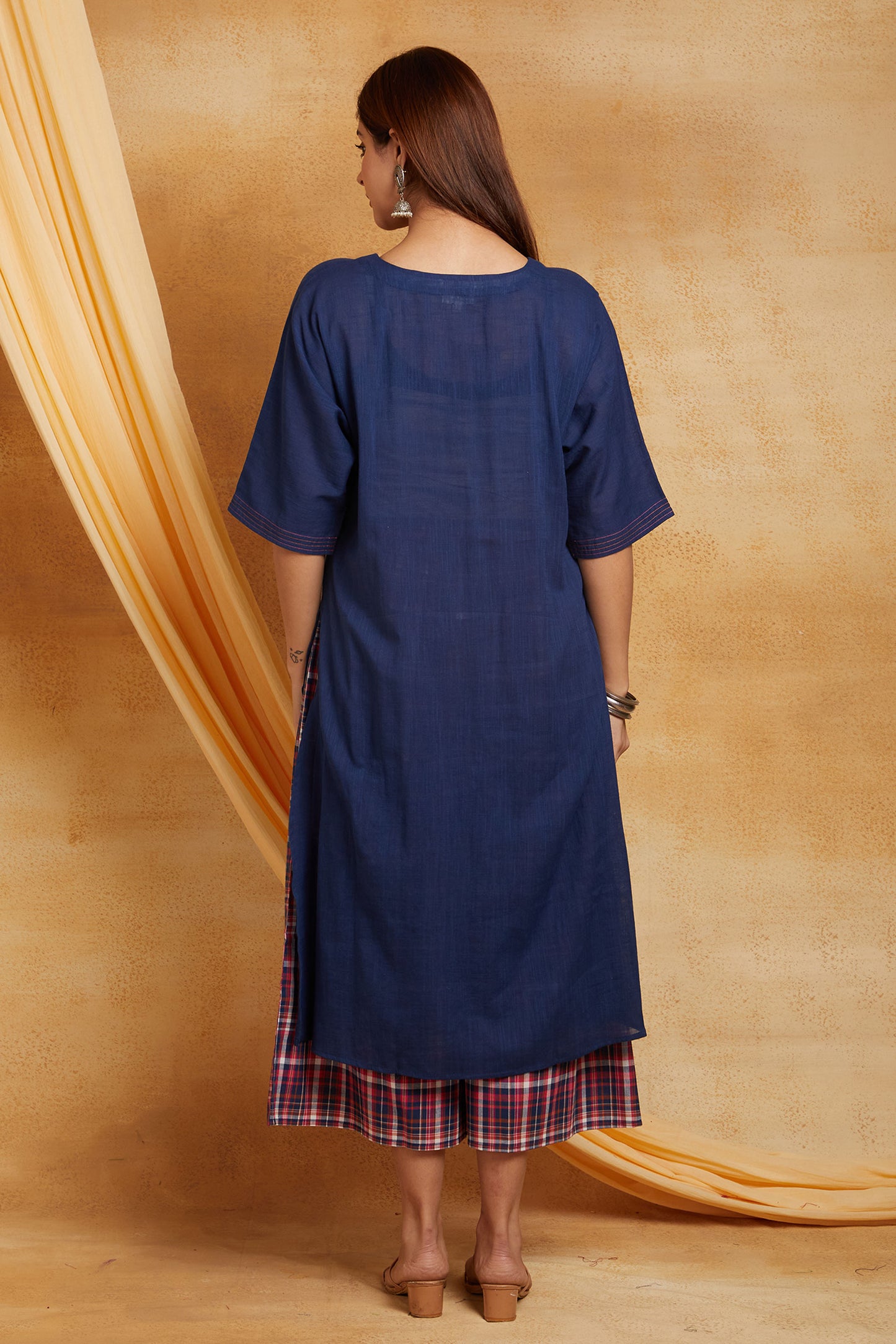 Blue Cotton Comfort Kurta with Checkered Palazzo