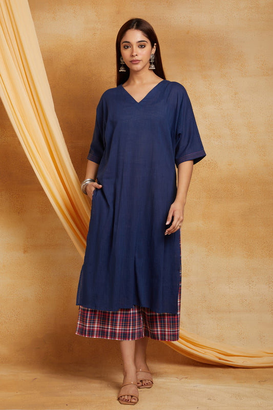 Blue Cotton Comfort Kurta with Checkered Palazzo