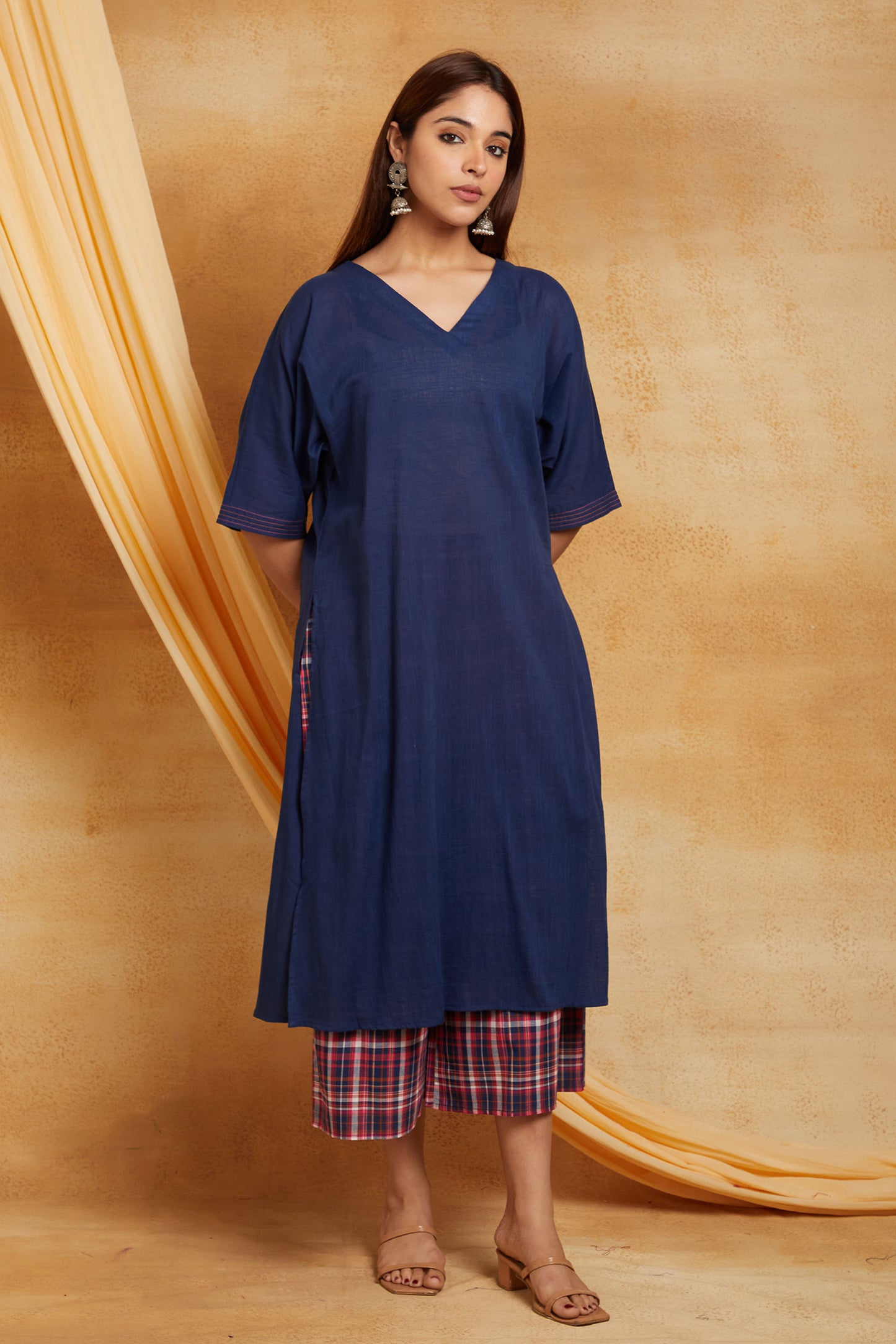 Blue Cotton Comfort Kurta with Checkered Palazzo