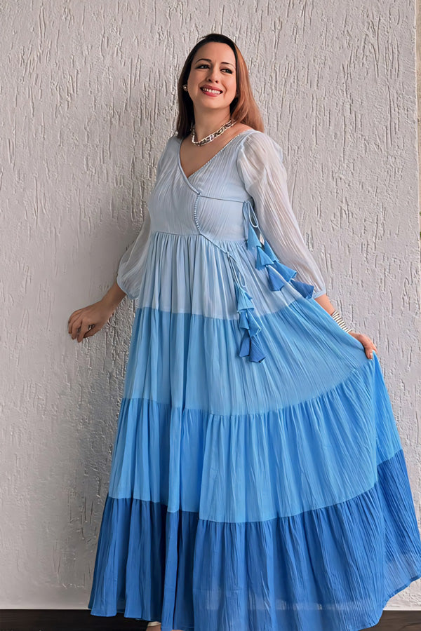 Tiered Blue Dress with Embroidery