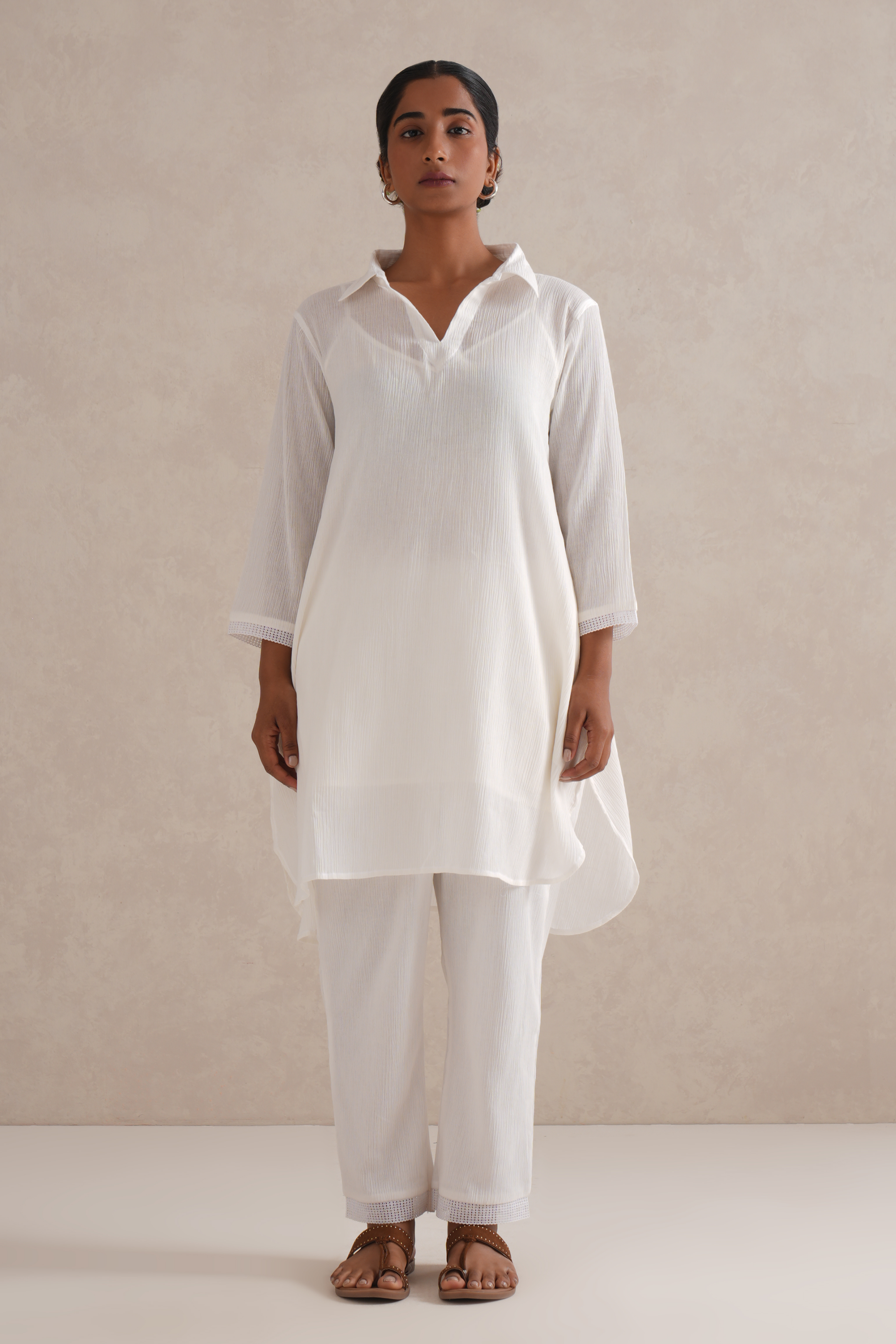 Premium Crinkled Cotton Cord-Set with Slip- Safed