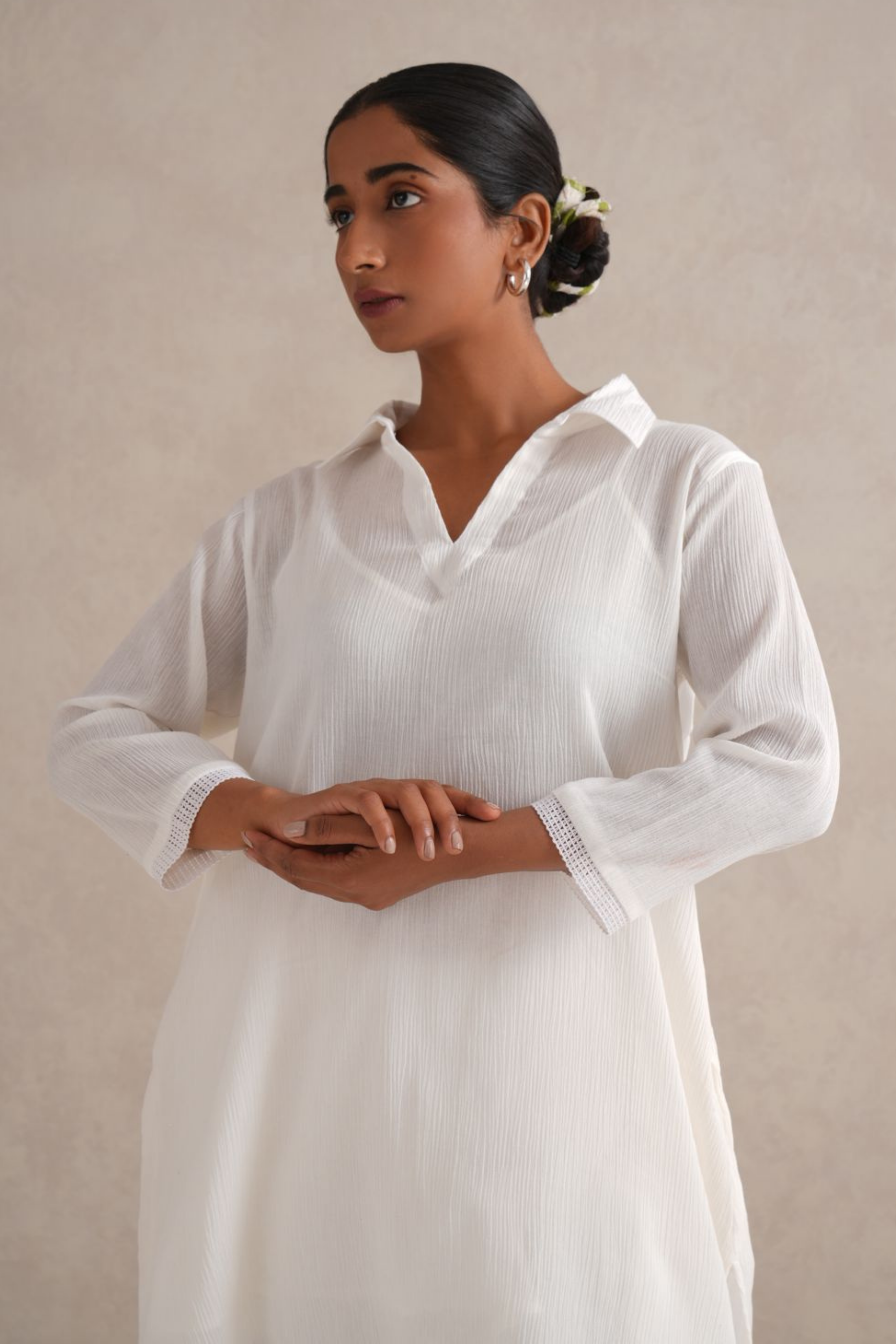 Premium Crinkled Cotton Cord-Set with Slip- Safed