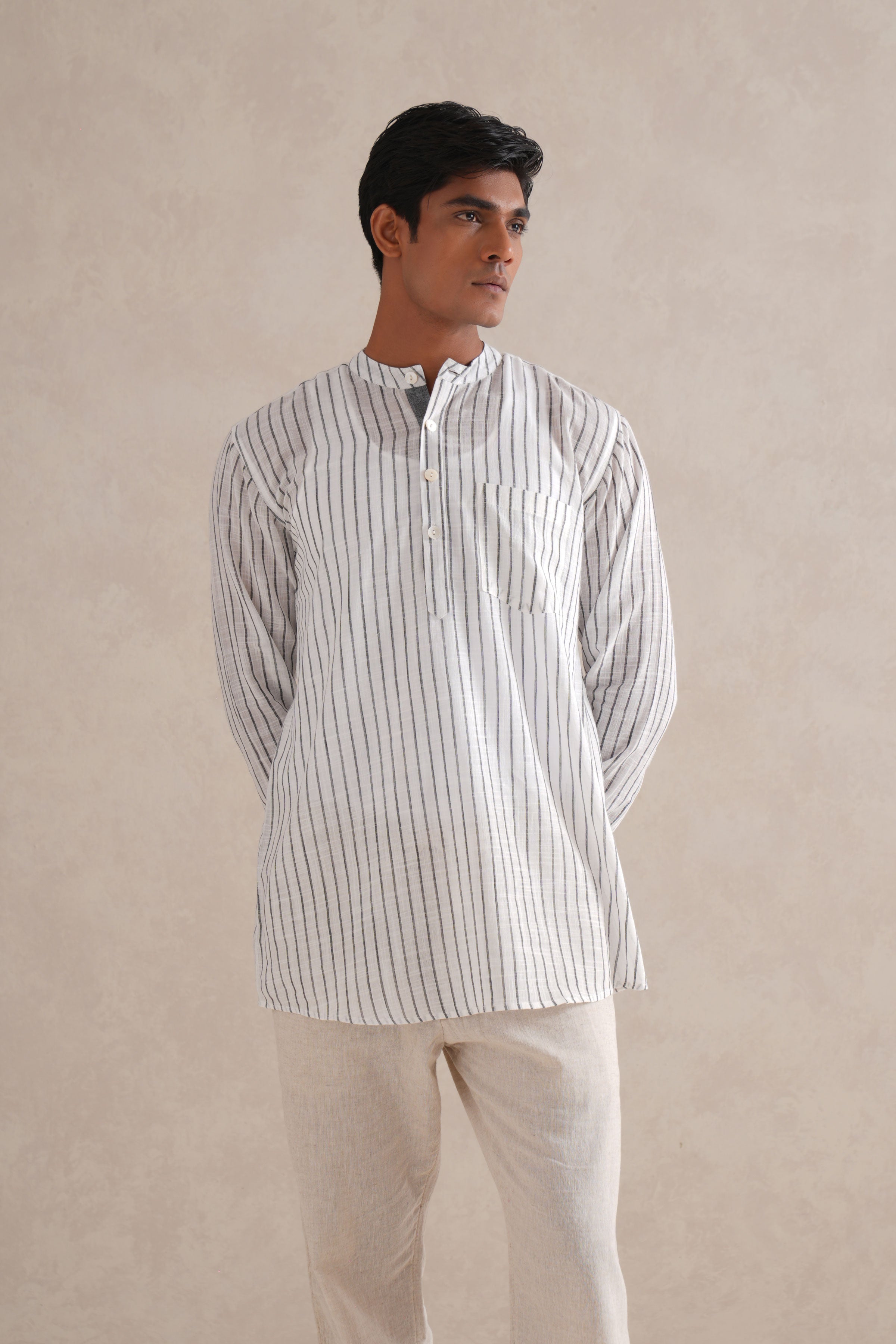 Handloom B&W Striped Kurta Shirt