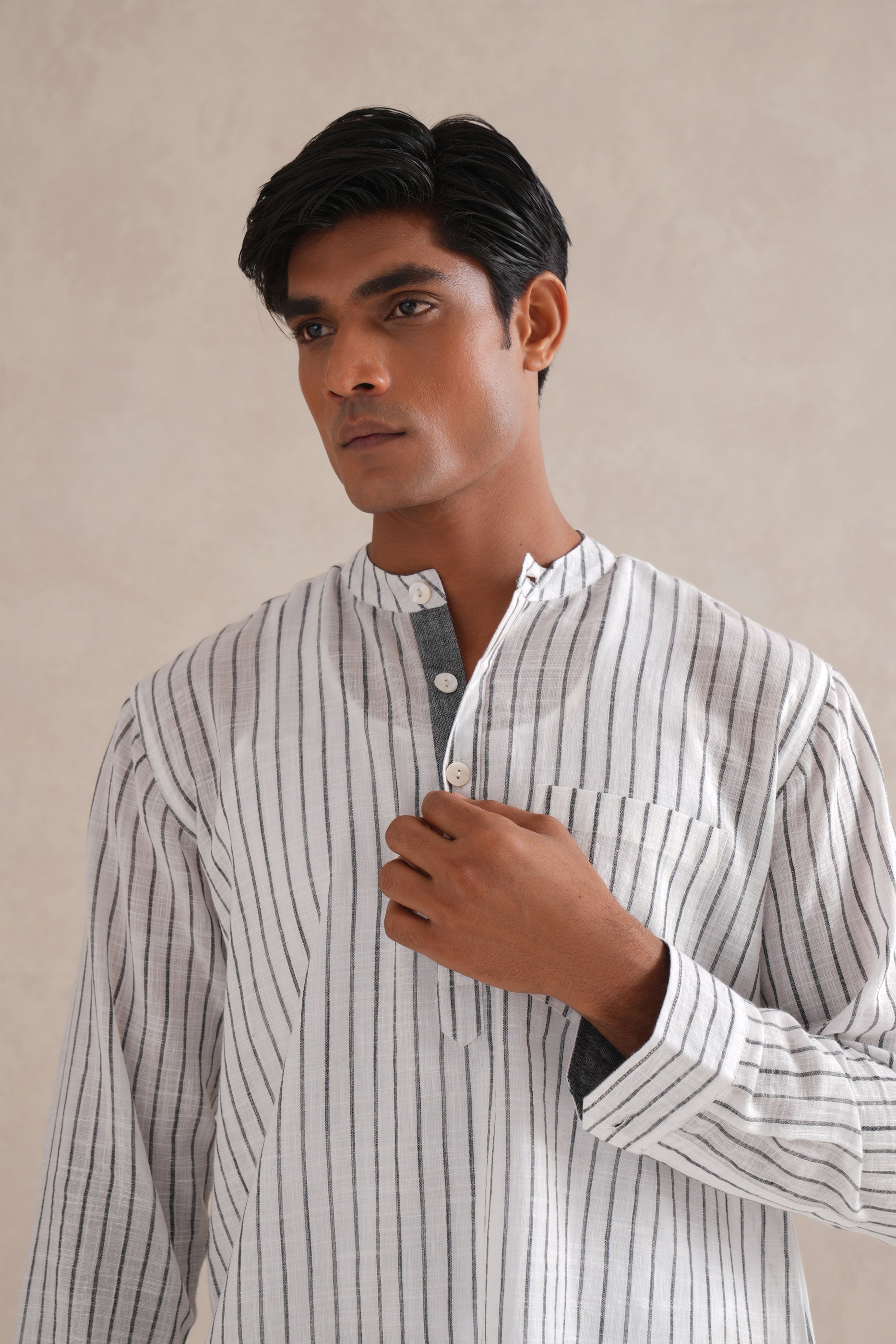 Handloom B&W Striped Kurta Shirt