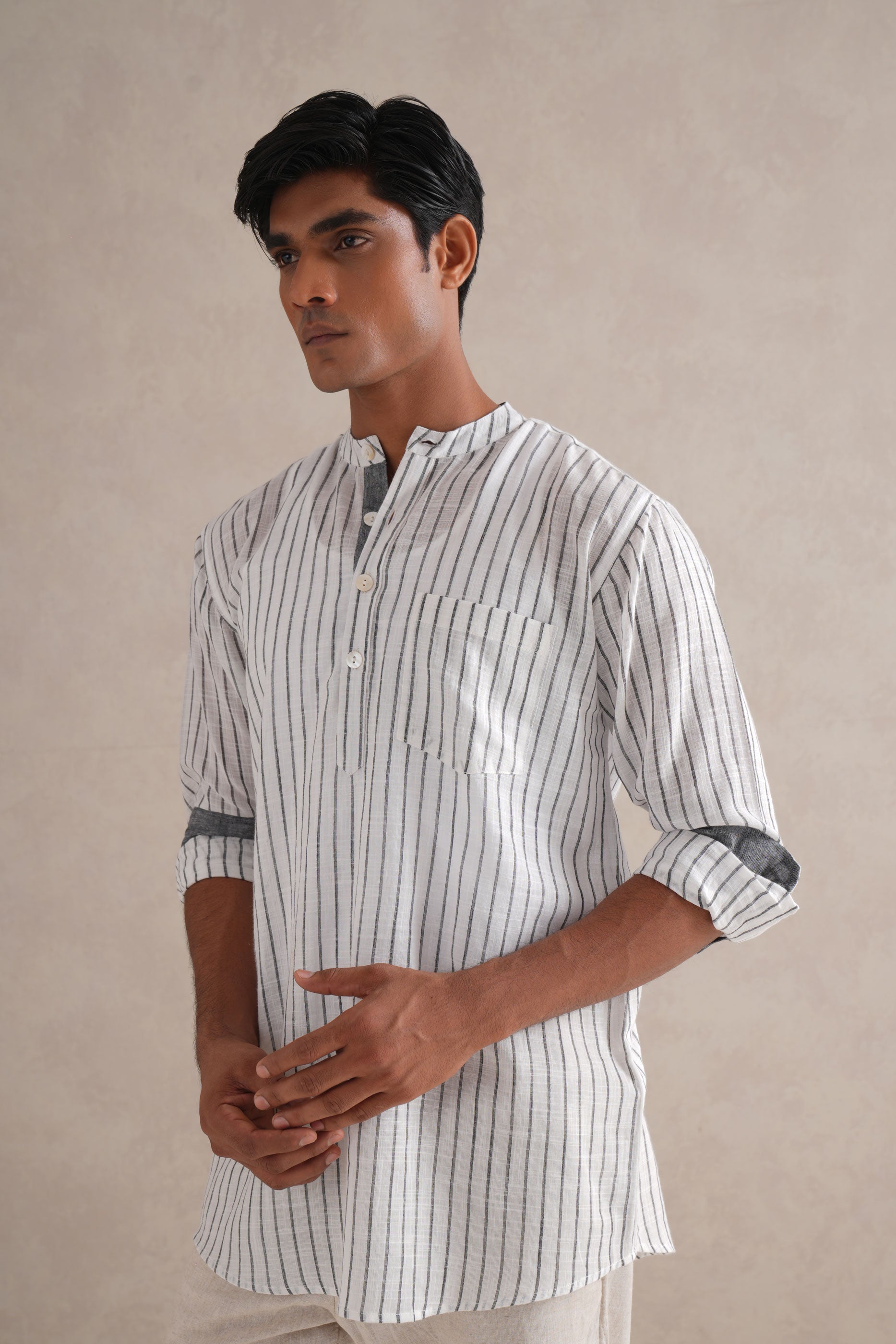 Handloom B&W Striped Kurta Shirt