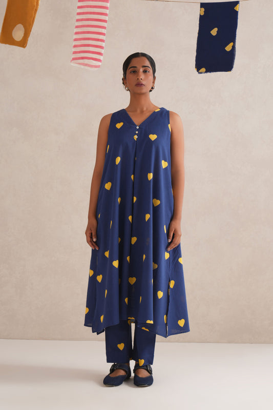 Yellow Hearts Discharge Block Print Kurta