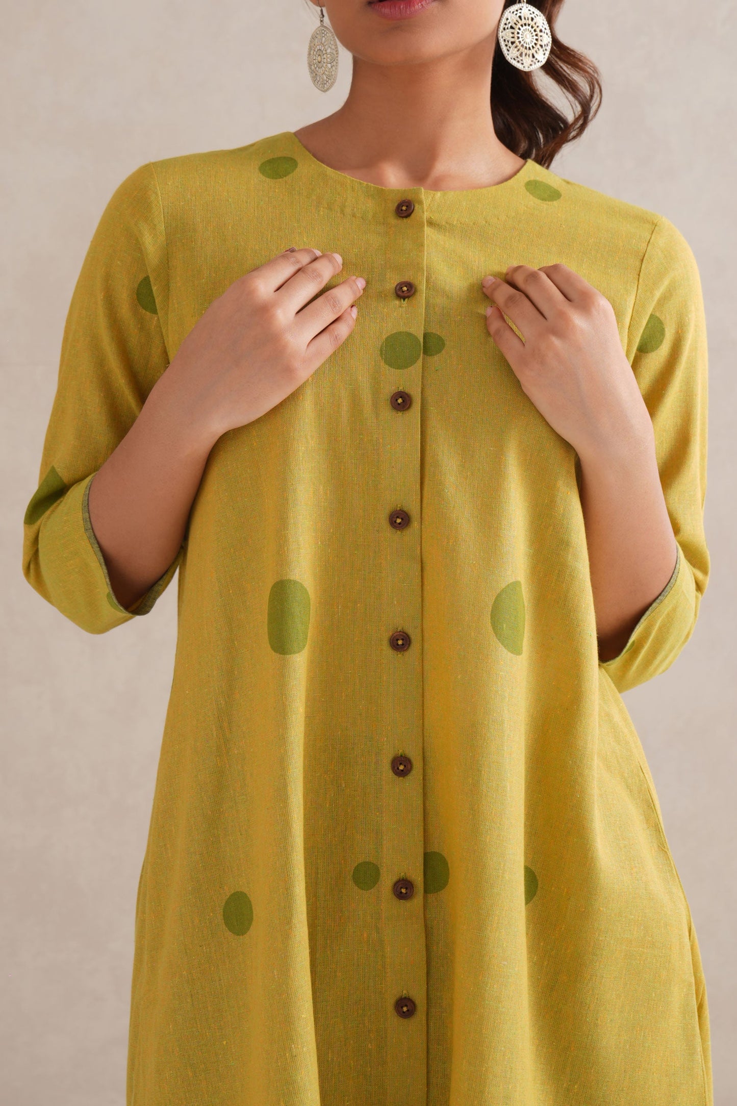 Green Dots Hand Block Print Shirt Dress