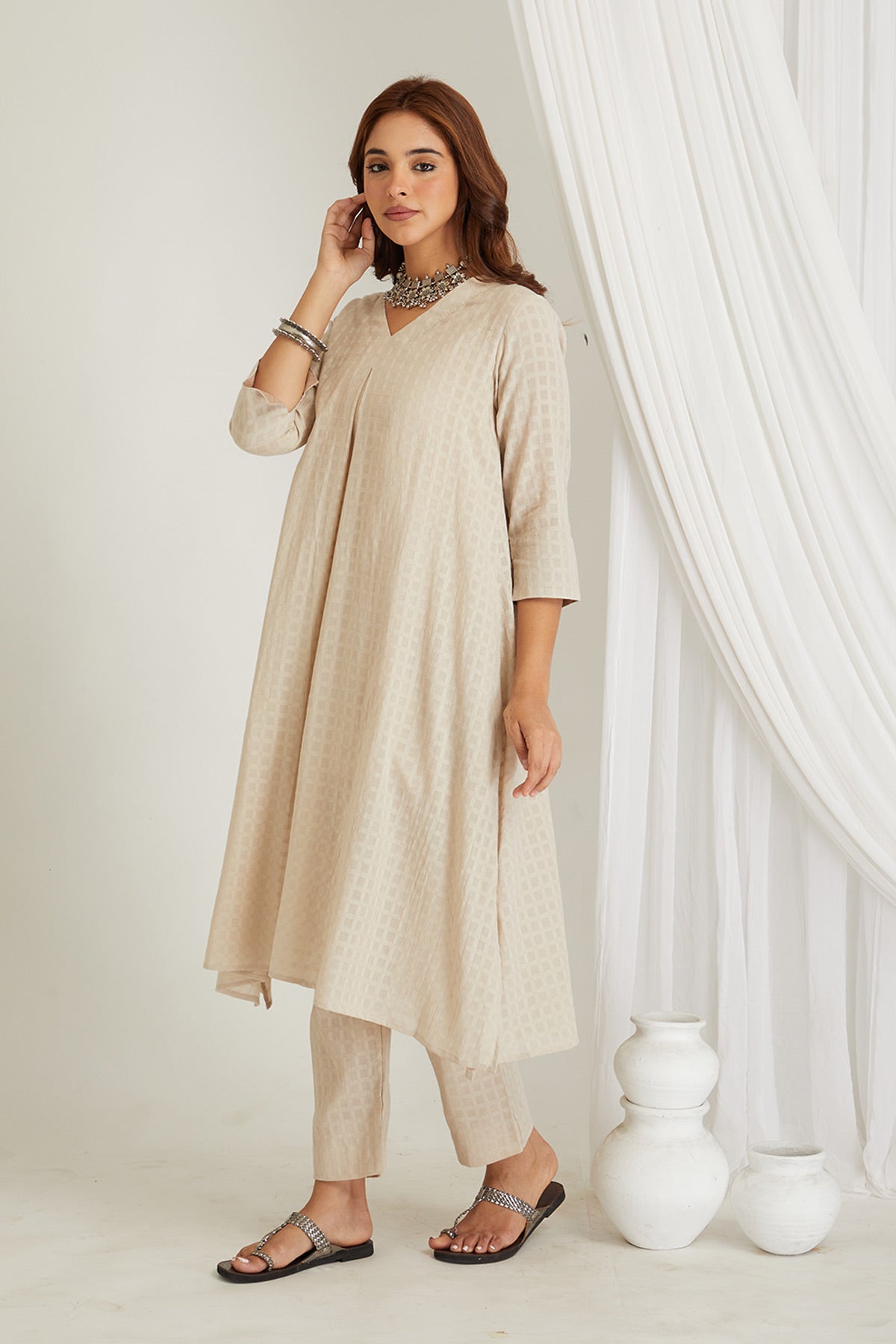 Beige Checkered Cord-Set with Slip - Cyan India