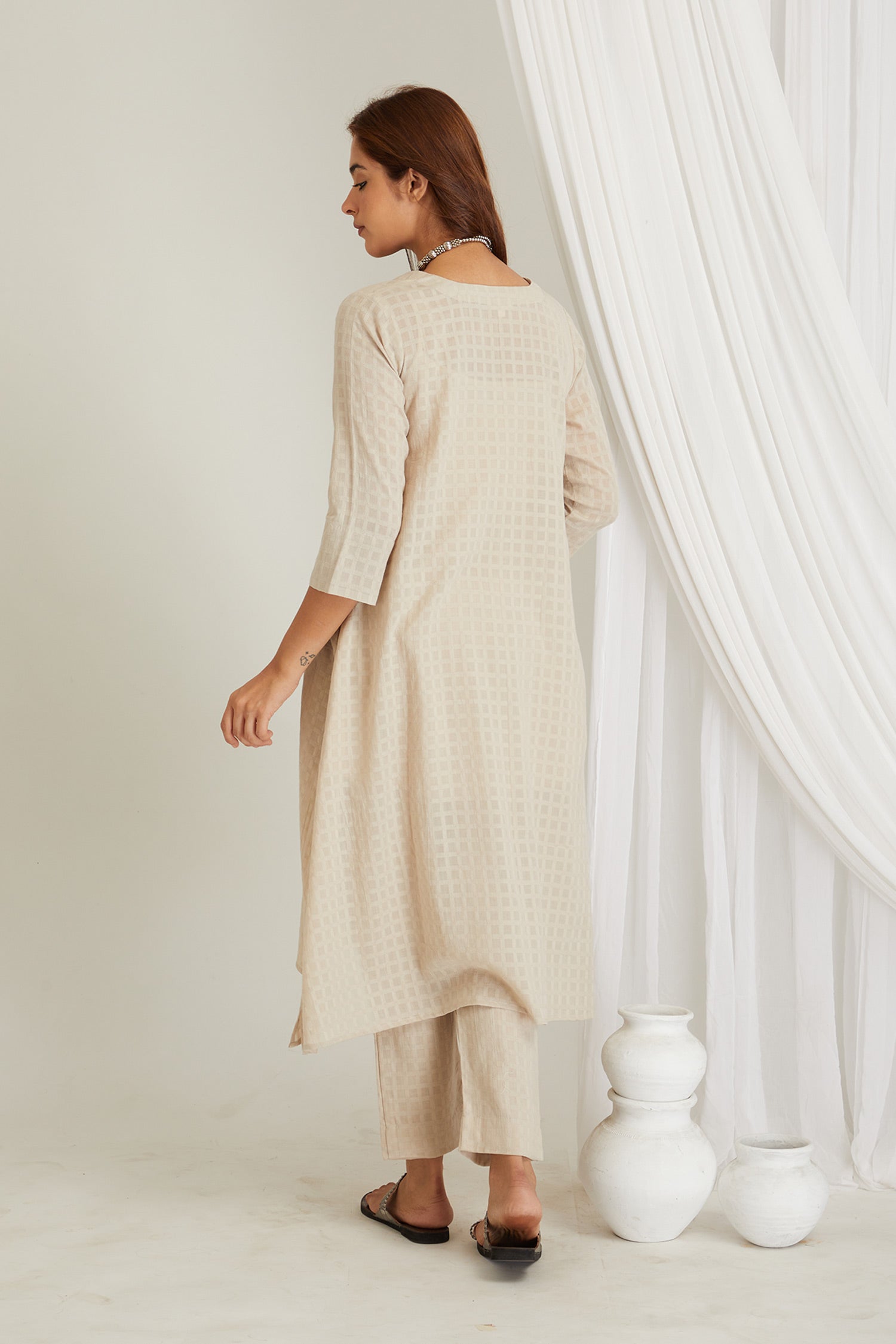 Beige Checkered Cord-Set with Slip - Cyan India