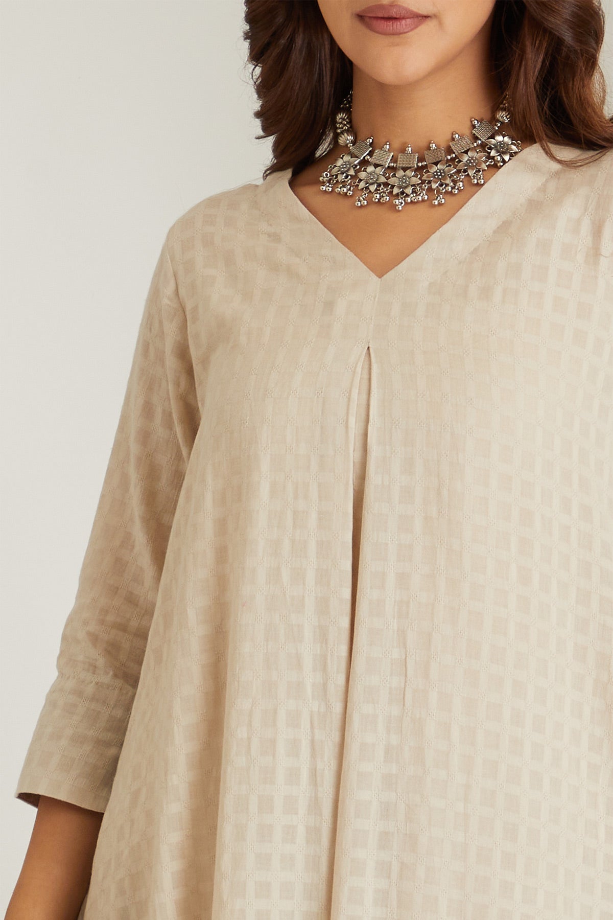 Beige Checkered Cord-Set with Slip - Cyan India