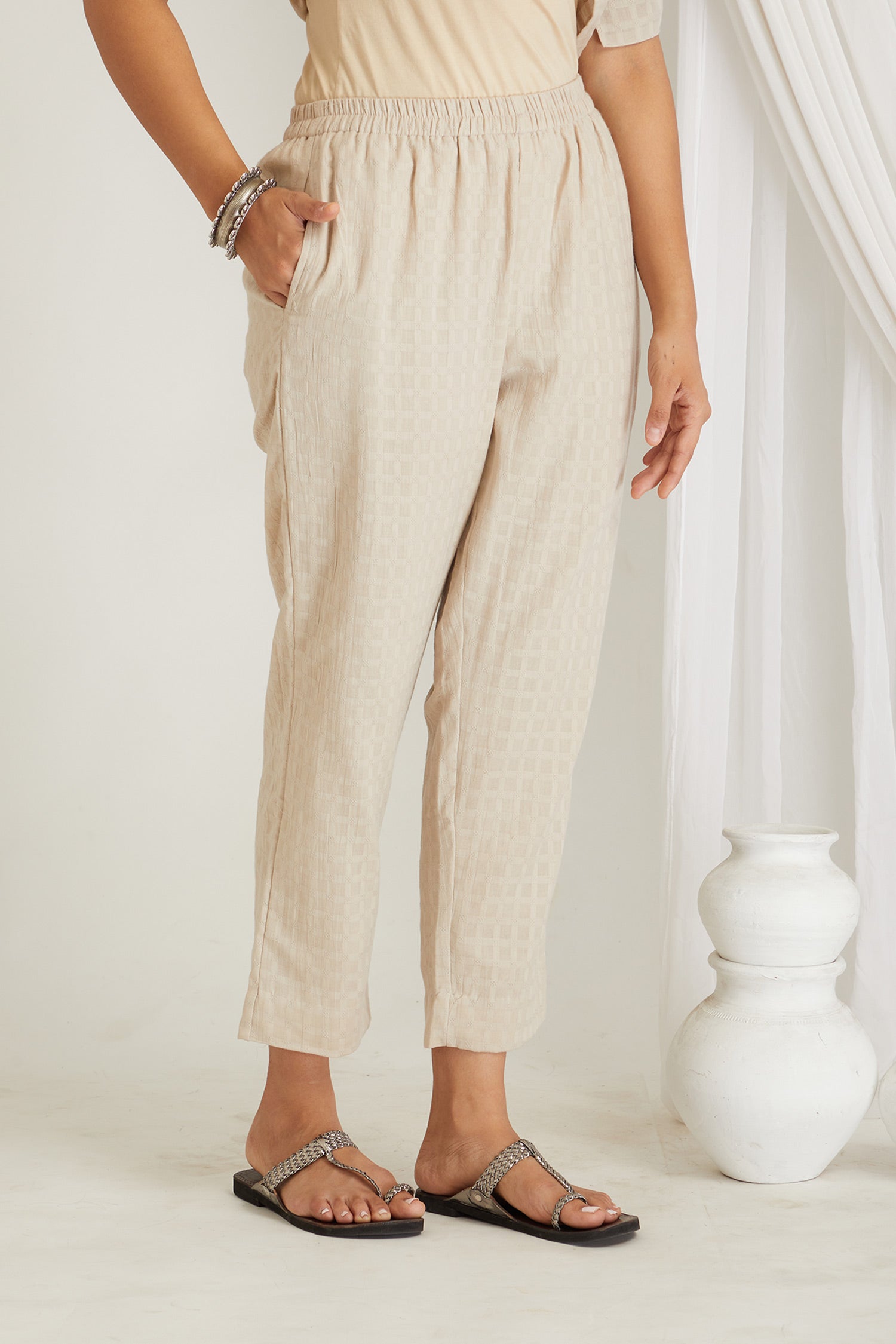 Beige Checkered Cord-Set with Slip - Cyan India
