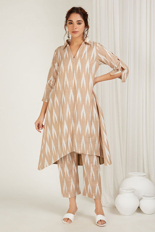 Beige Ikat High-Low Kurta Set - Cyan India