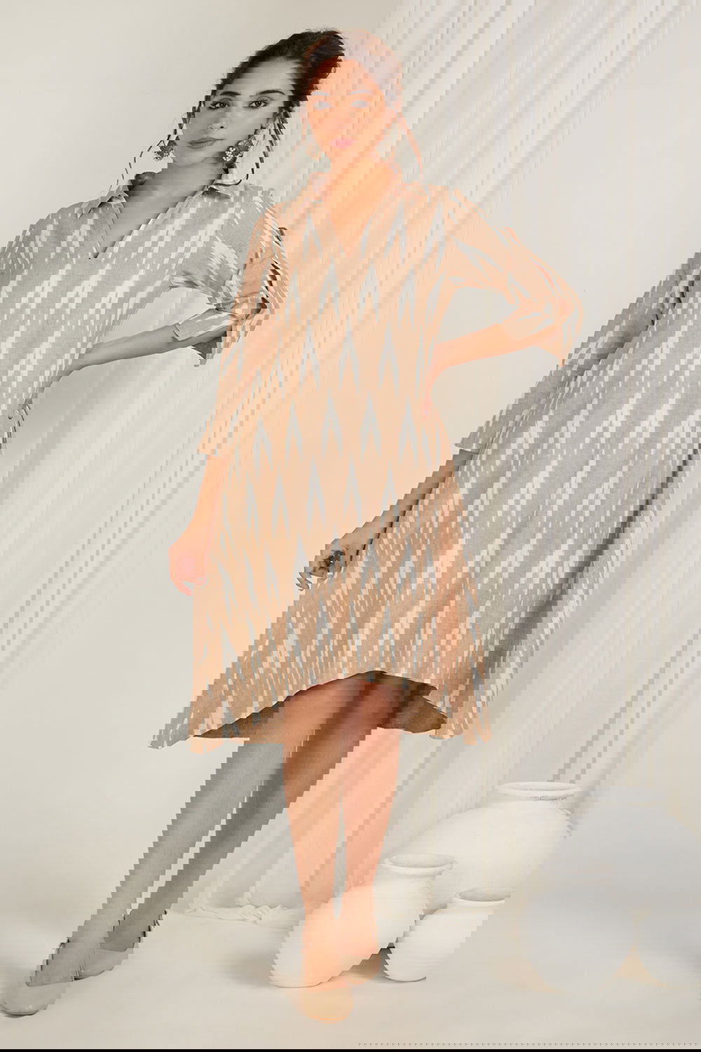 Beige Ikat High Low Dress - Cyan India
