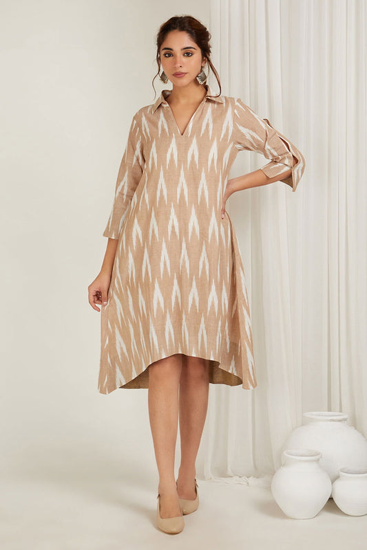 Beige Ikat High Low Dress - Cyan India