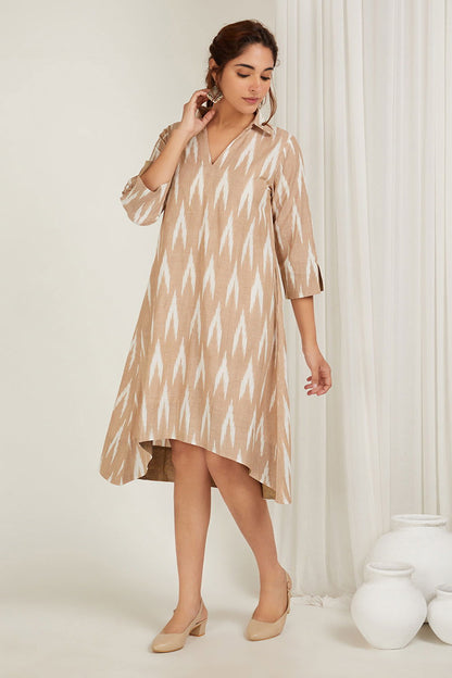 Beige Ikat High Low Dress - Cyan India