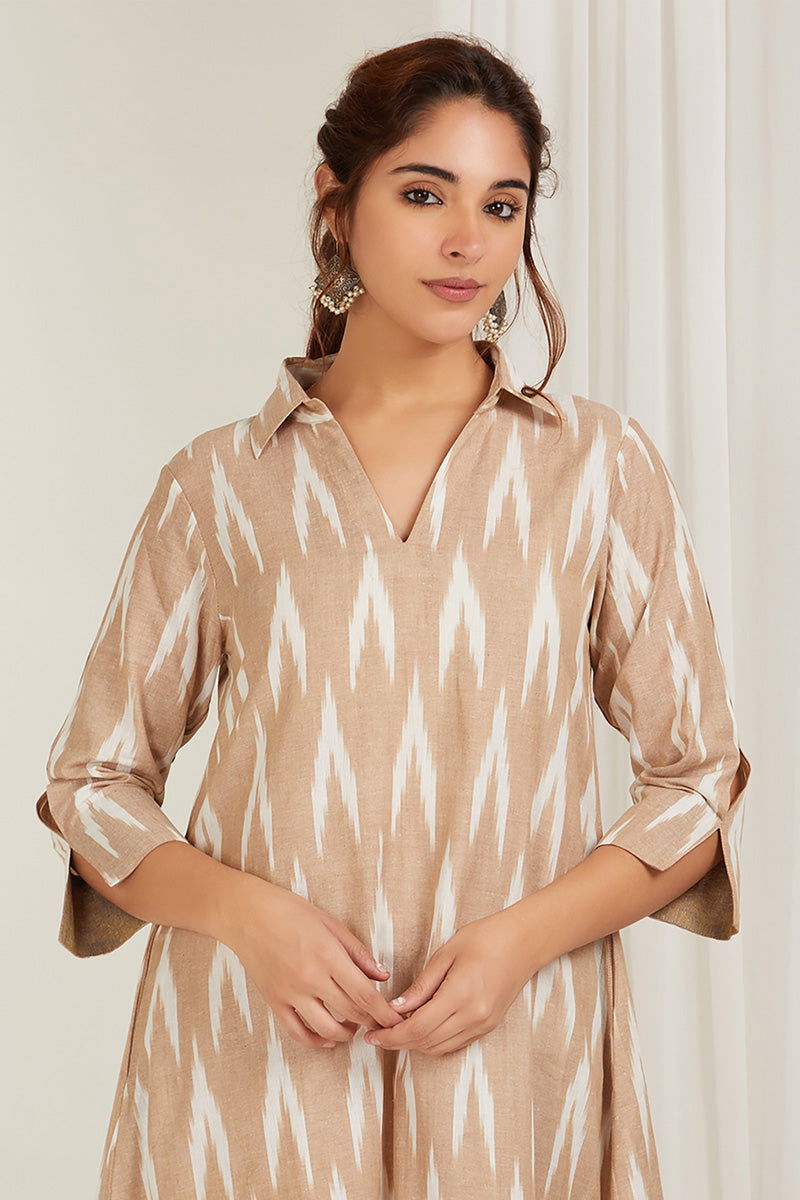 Beige Ikat High Low Dress - Cyan India