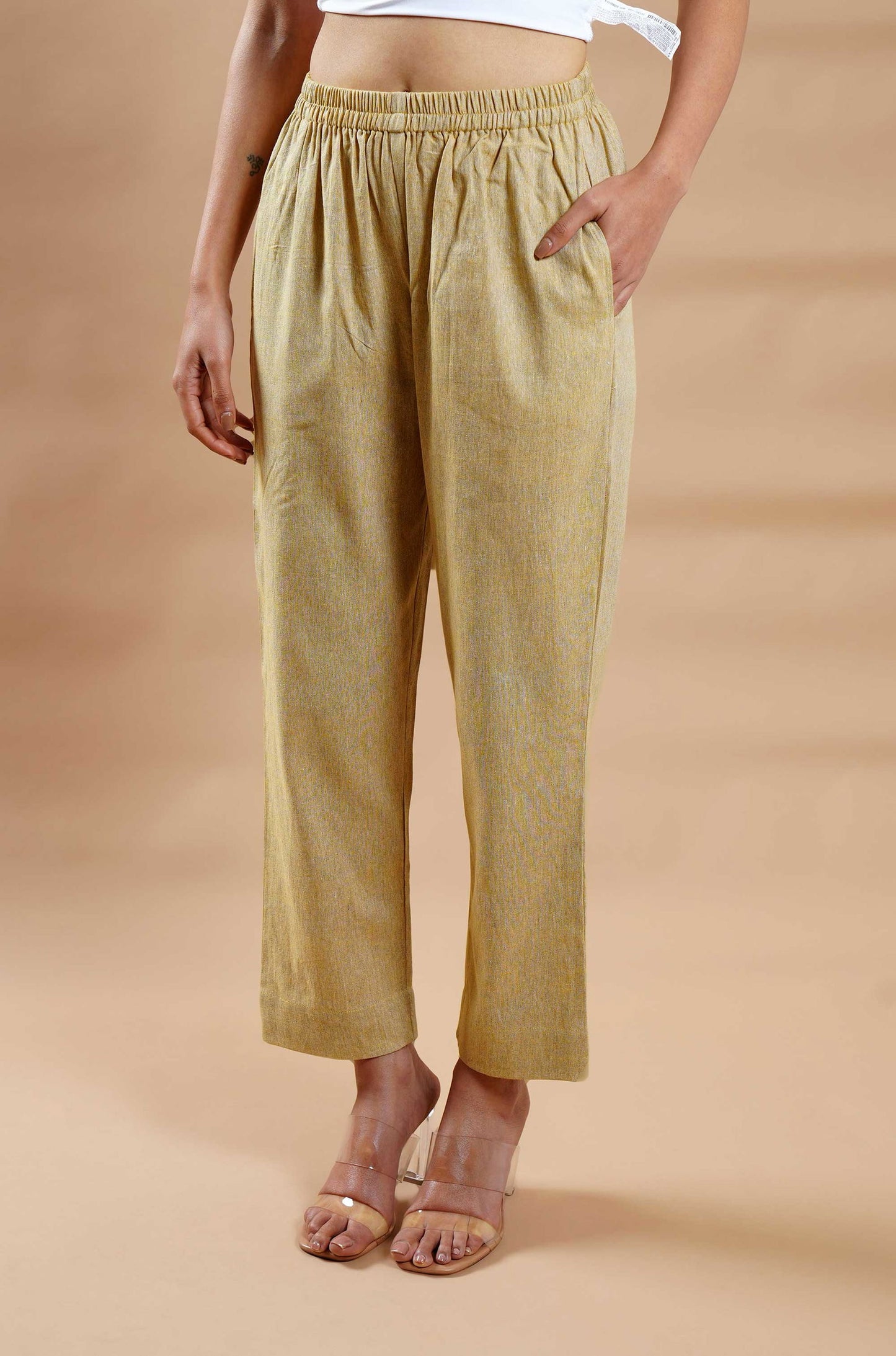 Beige Mangalgiri Cotton Pants - Cyan India