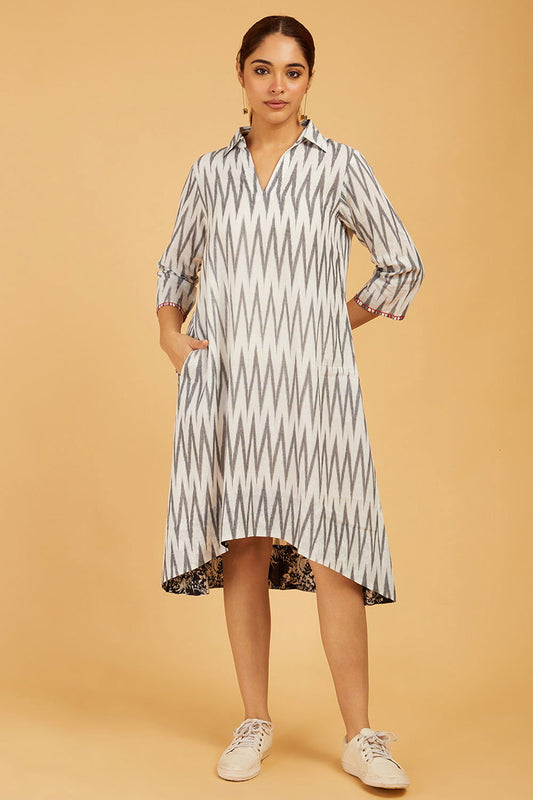 Black & White Ikat High-Low Dress - Cyan India