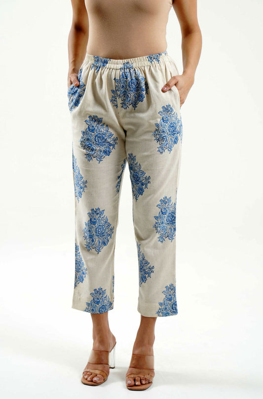 Block Printed Cotton Linen Pants - Cyan India