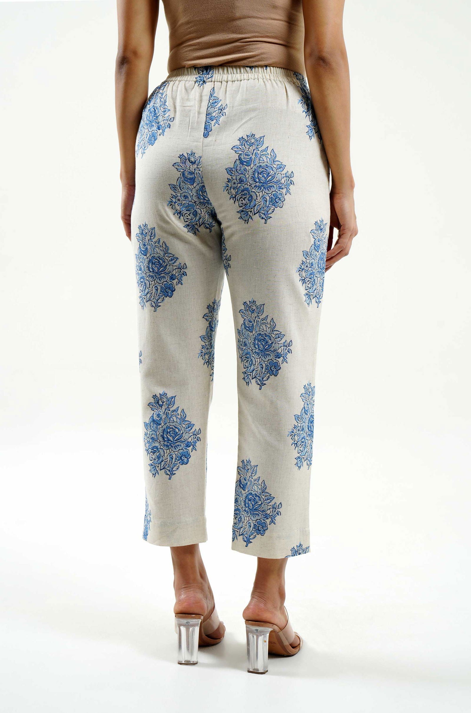 Block Printed Cotton Linen Pants - Cyan India