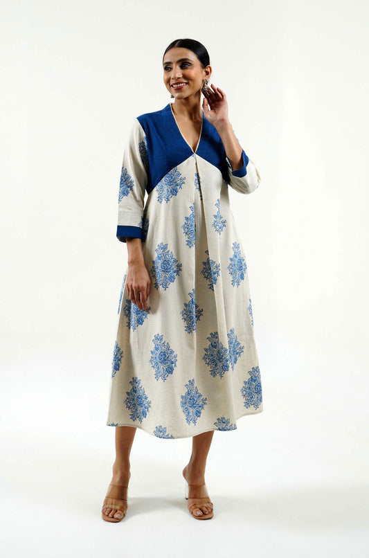 Blue Rose Hand Block Print Dress - Cyan India