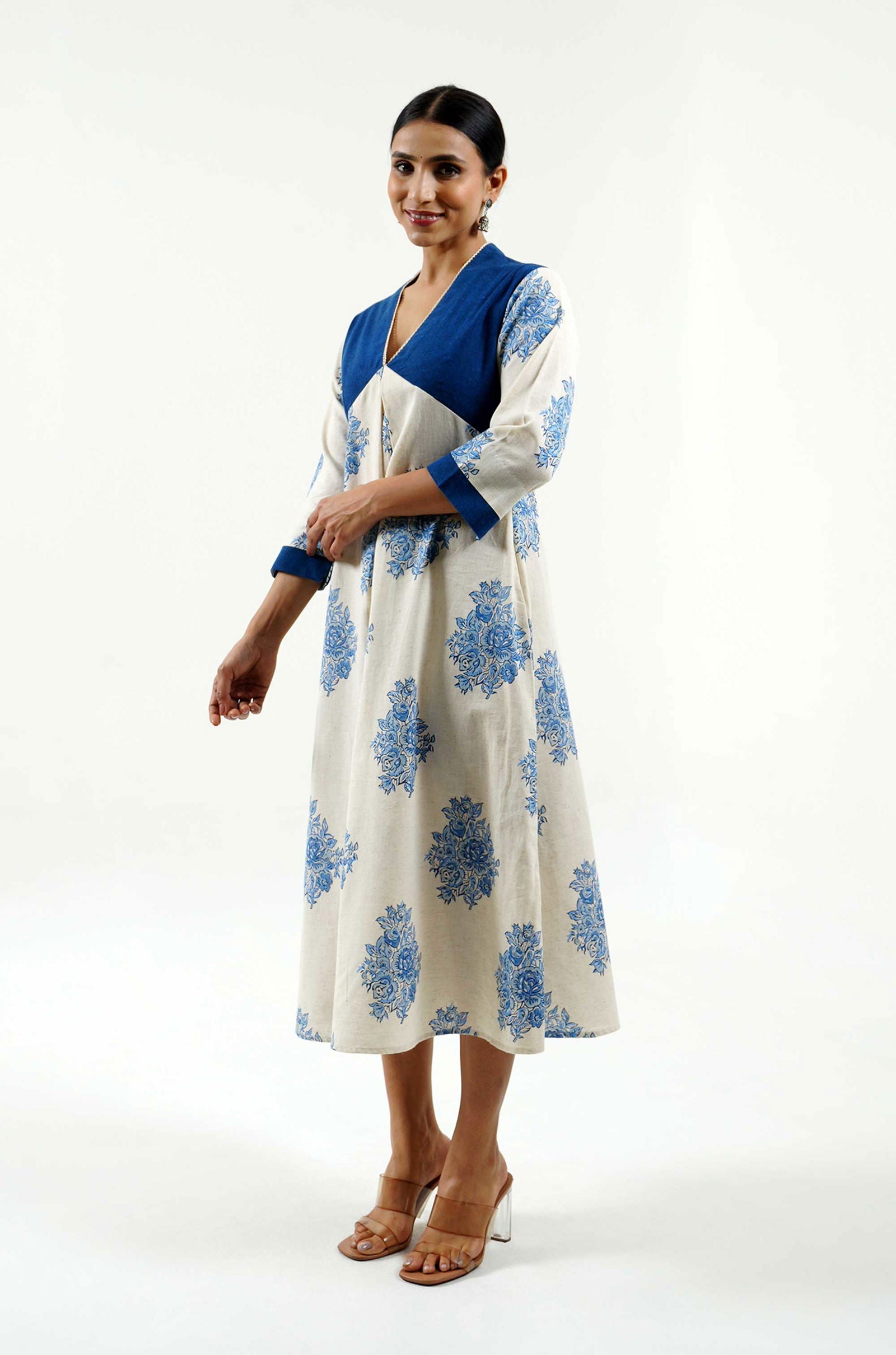 Blue Rose Hand Block Print Dress - Cyan India