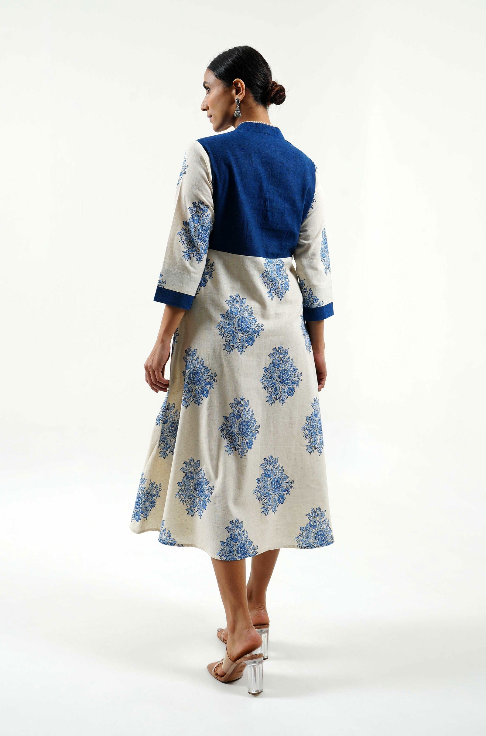 Blue Rose Hand Block Print Dress - Cyan India