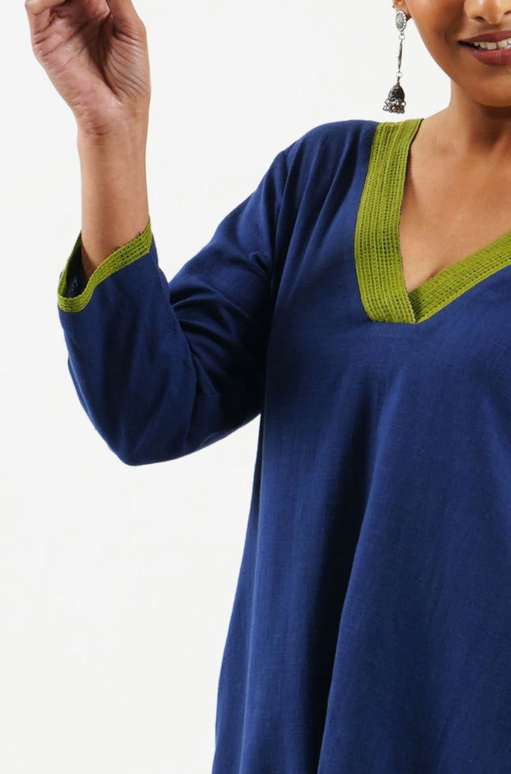 Blue cotton kurta with lace work - Cyan India