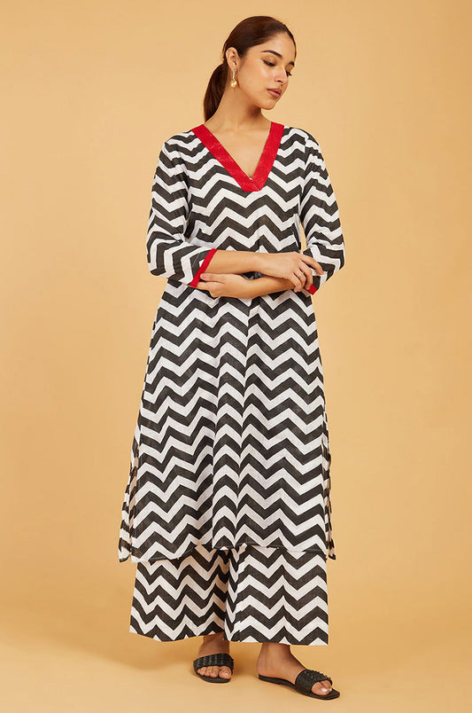 Bold Chevrons Block Print Kurta - Cyan India