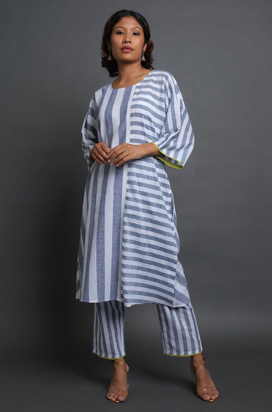 Bold Stripe Patchwork Cord-Set - Cyan India