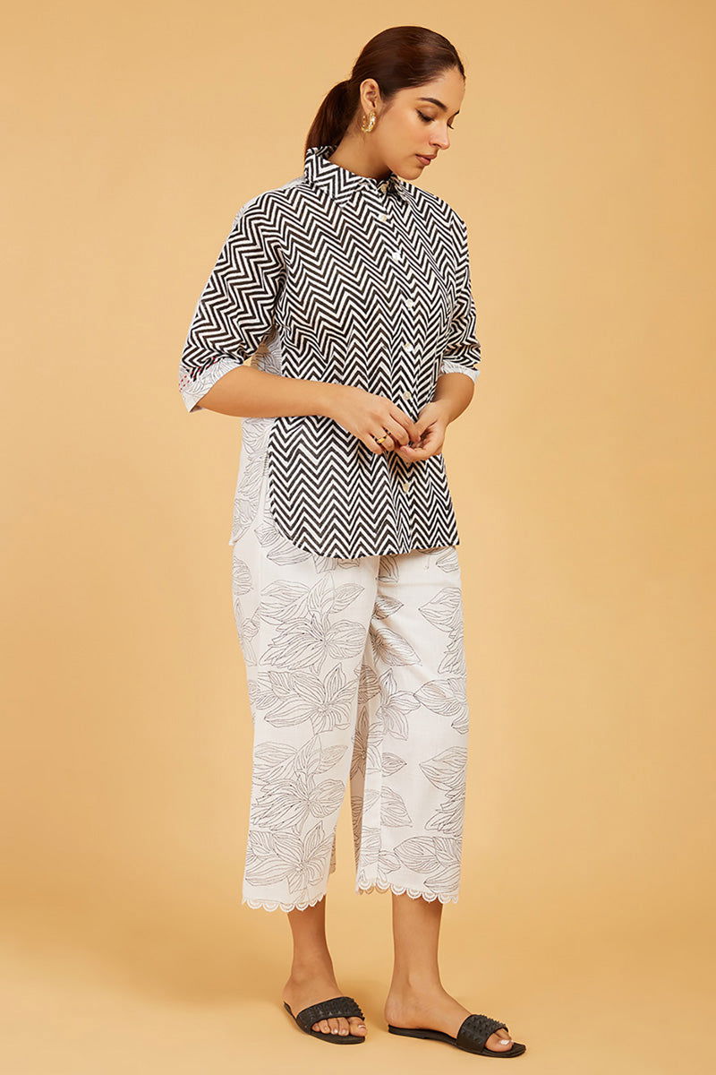 Chevron Block Print Shirt with Floral Back - Cyan India