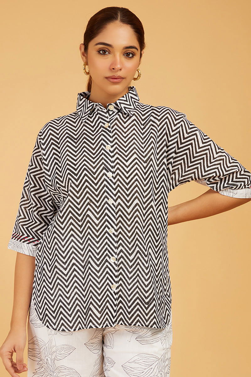 Chevron Block Print Shirt with Floral Back - Cyan India