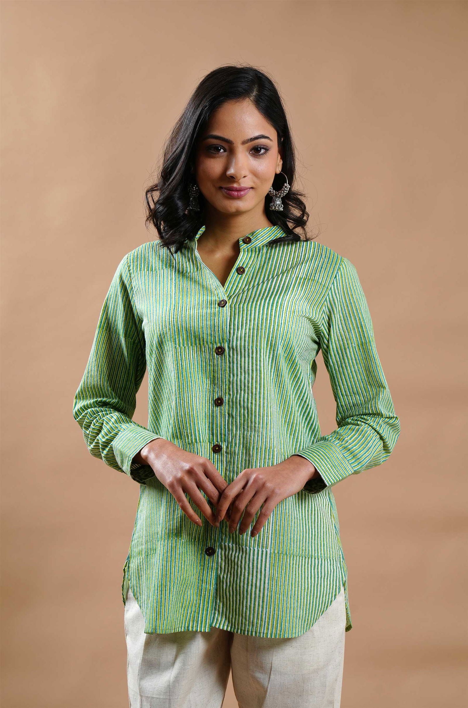 Classic Stripes Hand Block Print Shirt - Cyan India