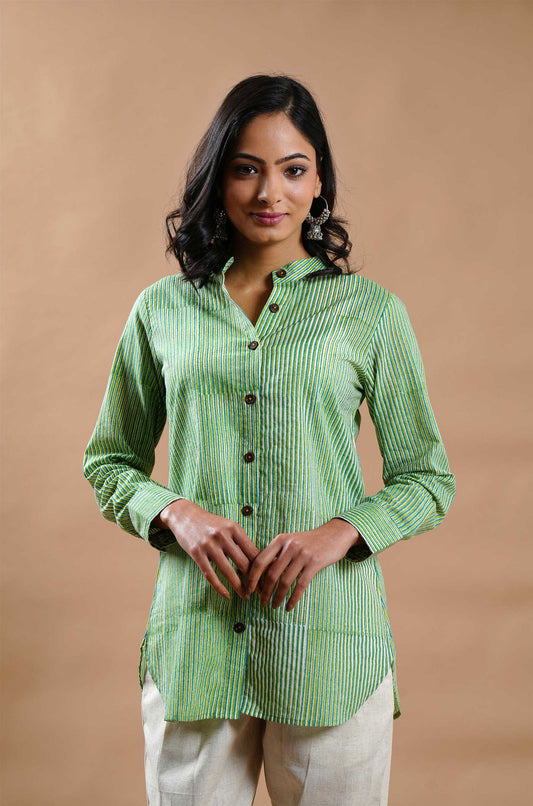 Classic Stripes Hand Block Print Shirt - Cyan India