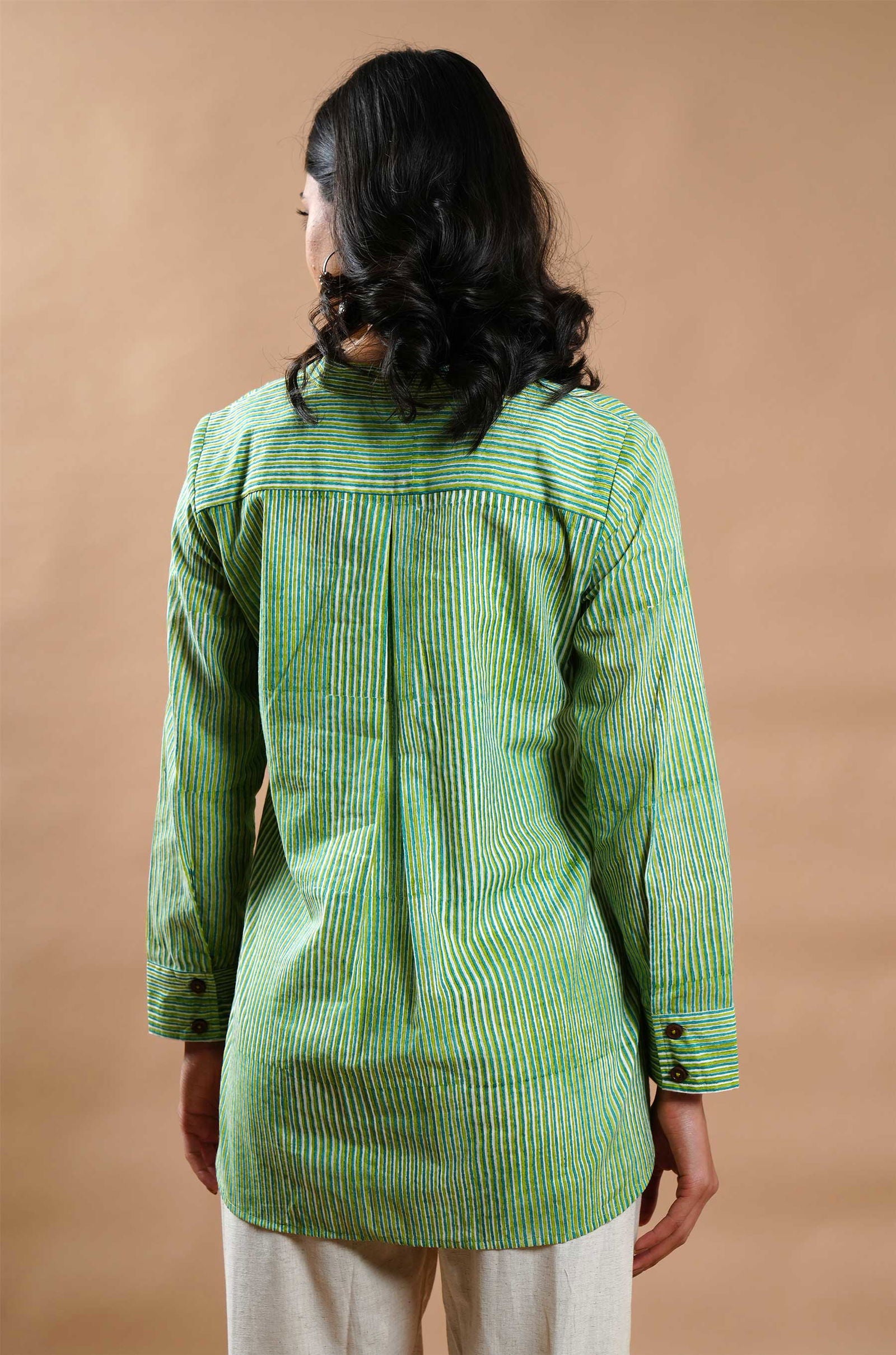 Classic Stripes Hand Block Print Shirt - Cyan India